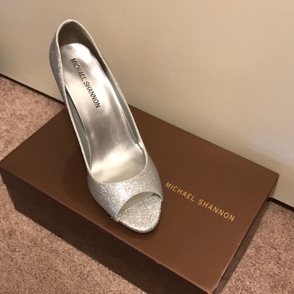 Michael Shannon Sparkling Silver Open-Toe Heels - image 2